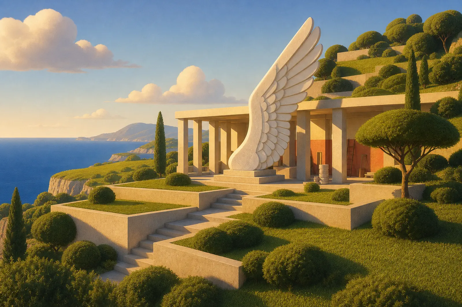 A cliffside workshop with sculptural wings