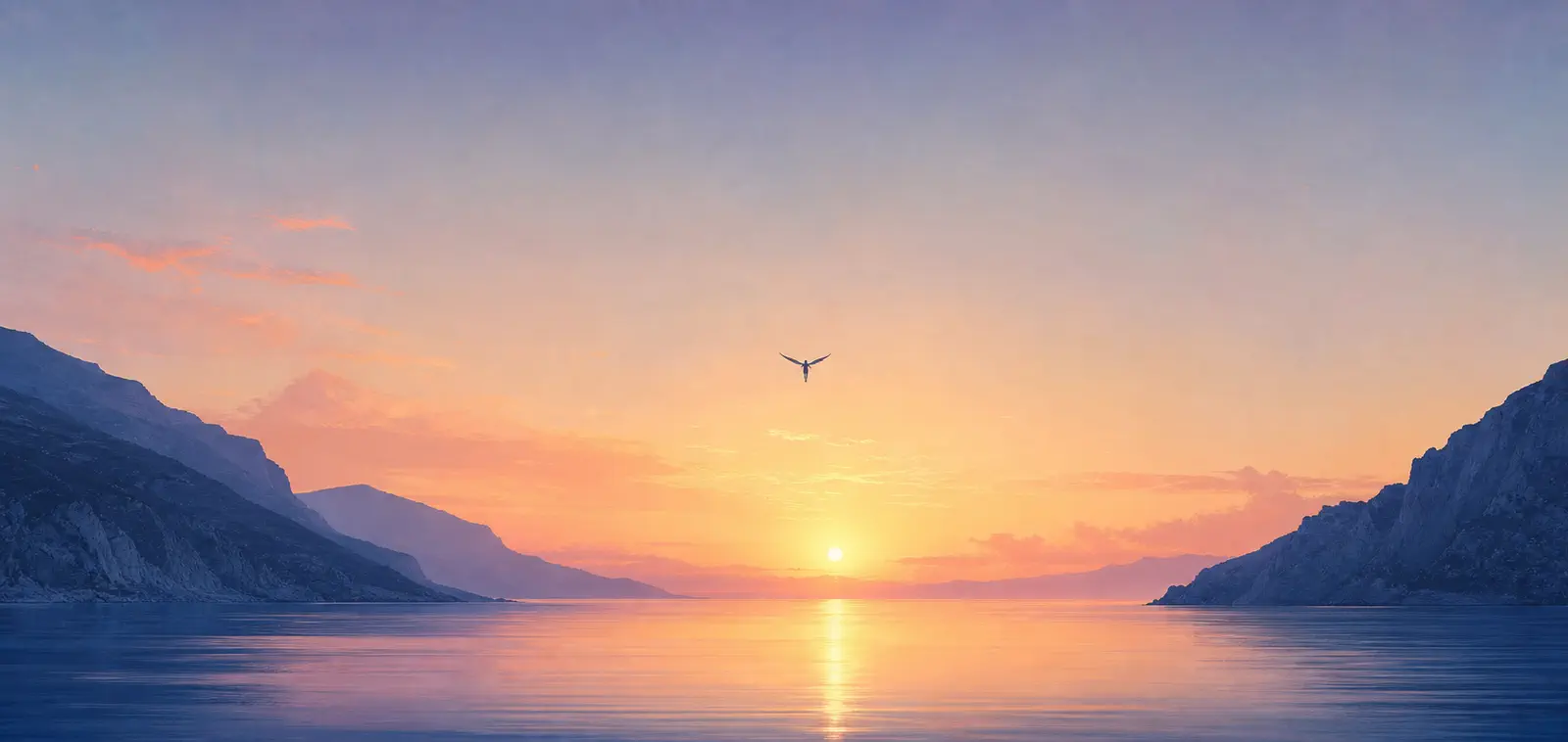 Distant wings crossing a calm sunrise horizon