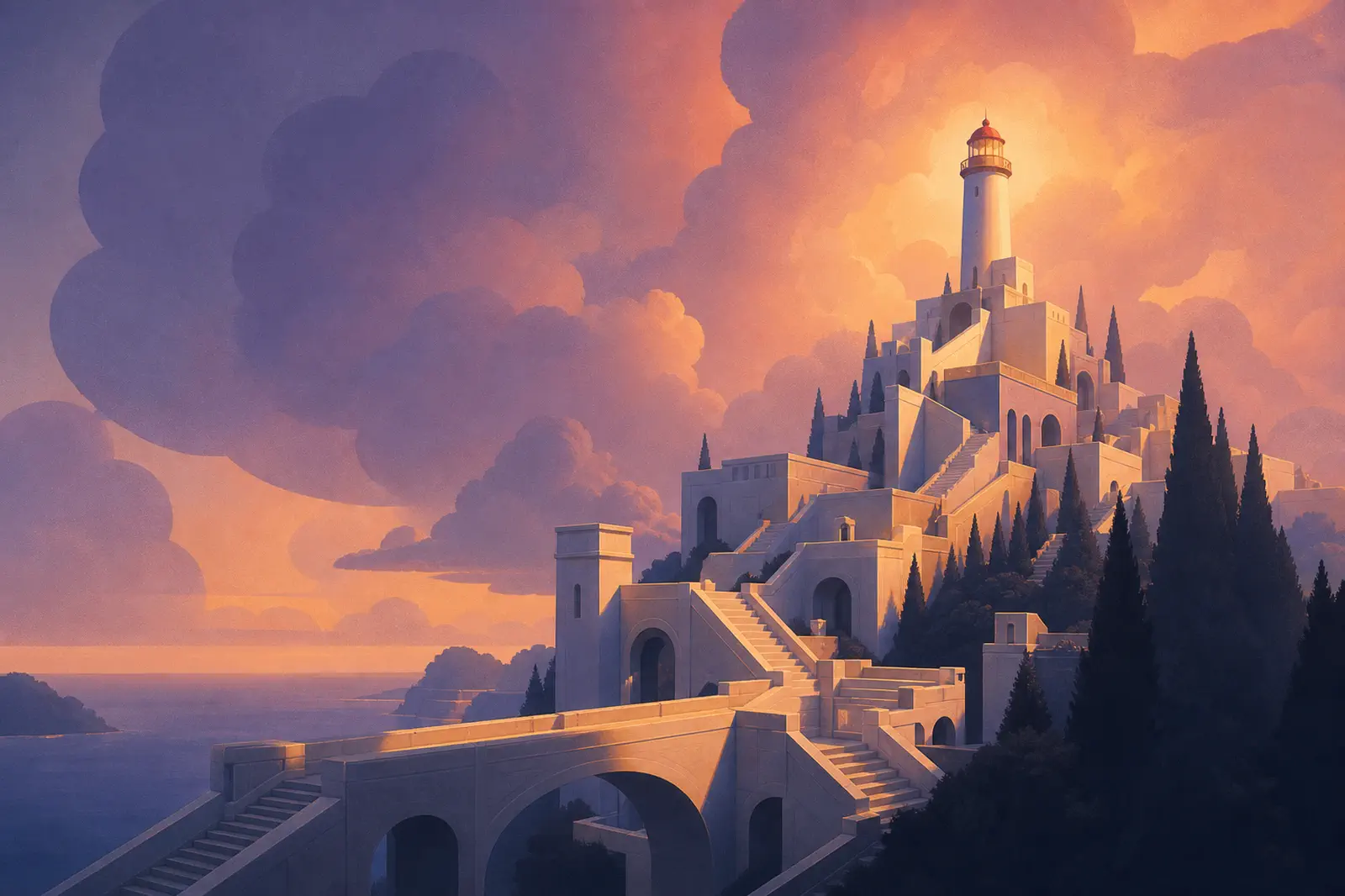 A rising coastal city and lighthouse at dusk