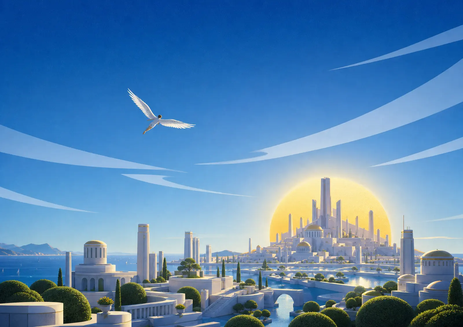 Icarus flying over a geometric Aegean city