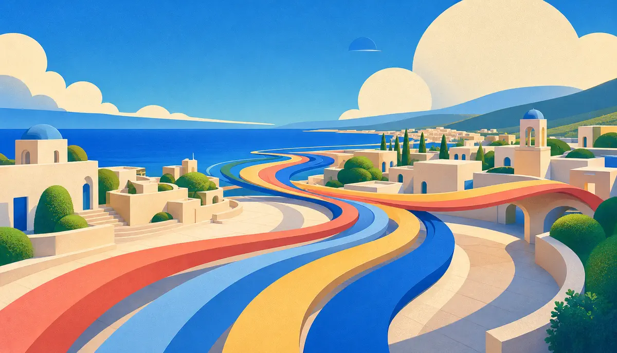Coastal architecture crossed by rhythmic signal ribbons