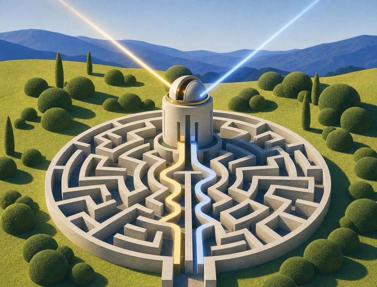 A labyrinth observatory with two controlled light paths